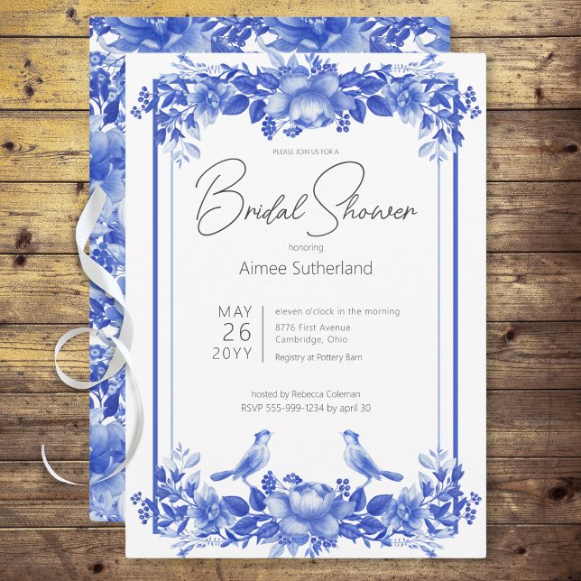 Blaues und weißes Blumenporzellan Brautparty Einladung (Blue & White Floral Porcelain Bridal Shower Invitation)