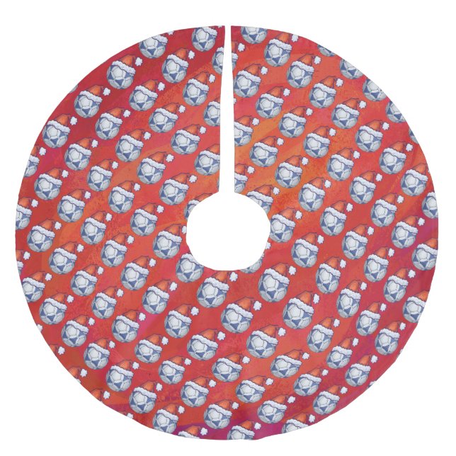Blaues und weißes festes Fußballball-Muster auf Ro Polyester Weihnachtsbaumdecke (Vorderseite)