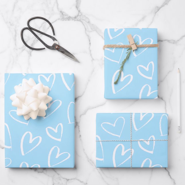 Blaues und weißes Herzmuster Geschenkpapier Set (Vorderseite)