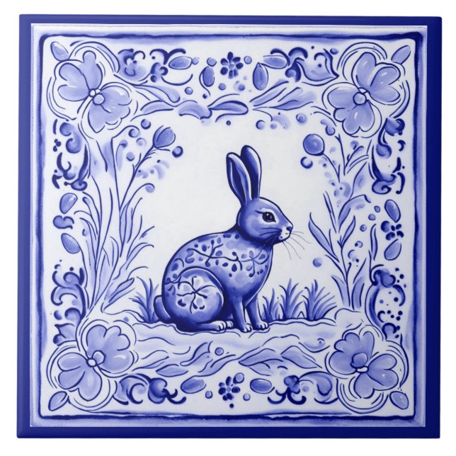 Blaues und weißes Kaninchen Mediterrane Folkloreku Fliese (Vorderseite)