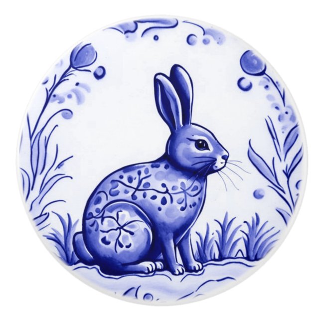 Blaues und weißes Kaninchen Mediterrane Folkloreku Keramikknauf (Vorderseite)