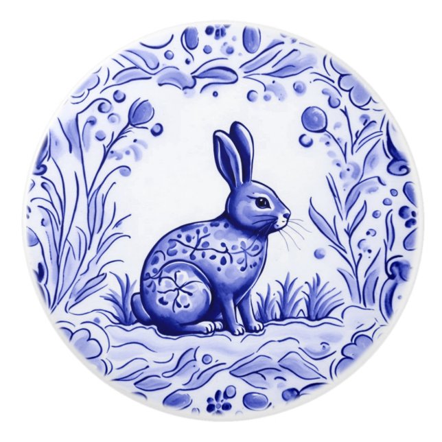 Blaues und weißes Kaninchen Mediterrane Folkloreku Keramikknauf (Vorderseite)