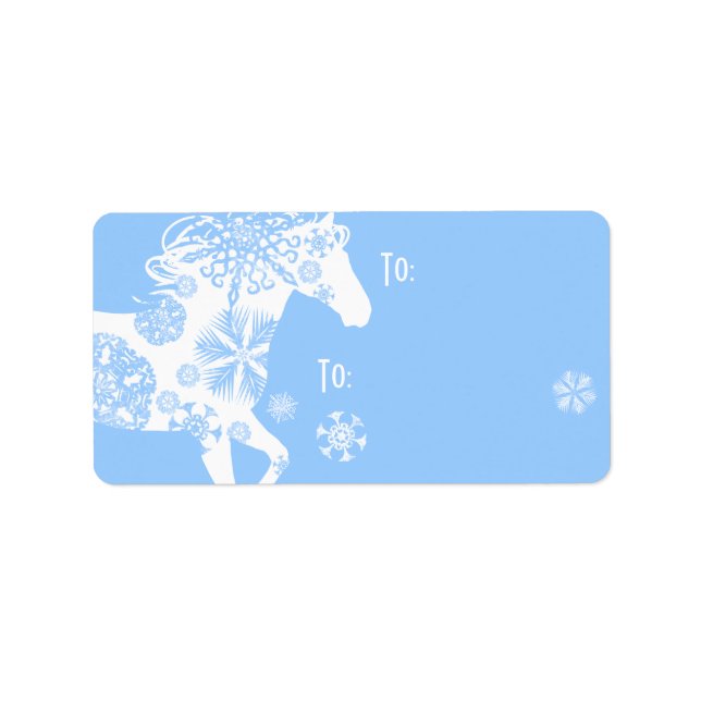 Blaues und weißes Schneeflocken Weihnachtspferd Adressaufkleber (Vorne)