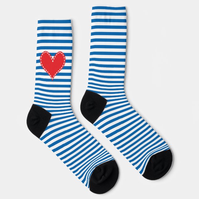 Blaues und weißes Striptekherz Socken (Rechts)