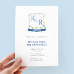 Blaues und weißes Wappen an der KüsteNeuWeds Brunc Einladung<br><div class="desc">Dieses einladende Design zeigt ein an der Küste inspiriertes Wappen, das komplett aus meinen eigenen Aquarellbildern besteht. Die eigentliche Form des Wappen besteht aus einem nautischen "Seil". Das Wappen ist mit weißen Hydrangeas, Grünpflanzen und einem marineblauen Banner ausgestattet. Ich habe die Vorlage für einen Newsheds Brunch Set, aber alle Textfelder...</div>