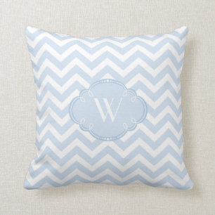 Blaues und weißes Zickzack mit Monogramm Kissen