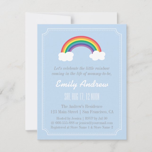 Blaues und weißes Zickzack, Regenbogen-Baby-Dusche Einladung (Vorderseite)