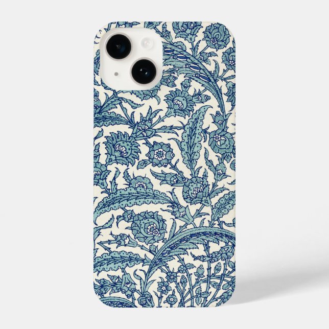 Blaues Verziertes florales arabisches Muster iPhone 14 Hülle (Rückseite)