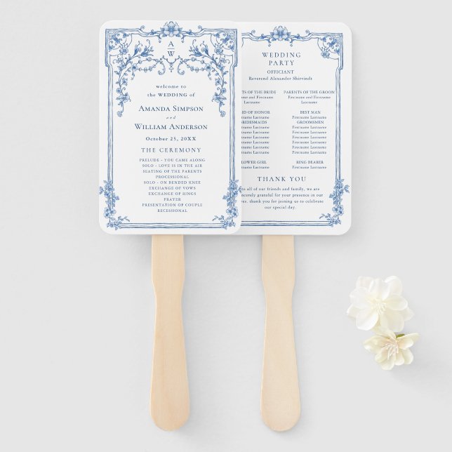 Blaues Viktorianisches Verziertes Hochzeitsprogram Fächer (Vorne und Hinten)