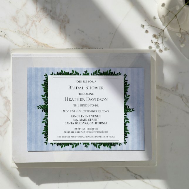 Blaues Vintag gestrichenes Foliage Brautparty Einl Einladung (Blue Vintage Striped Foliage Bridal Shower Invite)
