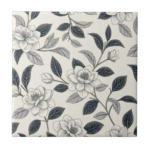Blaues Vintage-Blumen-Botanik-Muster (2) Fliese
