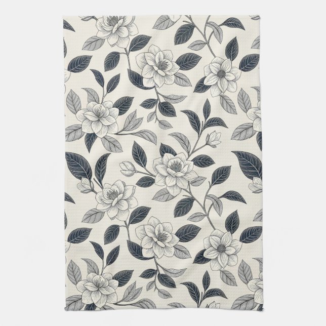 Blaues Vintage-Blumen-Botanik-Muster (2) Geschirrtuch (Vertikal)