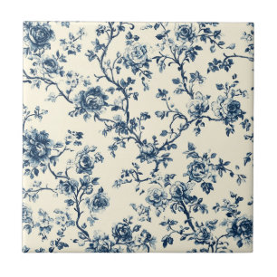 Blaues Vintage-Blumen-Toile-Muster (2) Fliese