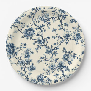 Blaues Vintage-Blumen-Toile-Muster (2) Pappteller