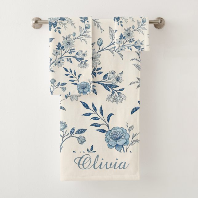 Blaues Vintage-Blumenmuster Badhandtuch Set (Insitu)