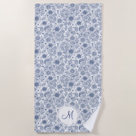 Blaues Vintages Blumenmuster Monogram Beach Handtu Strandtuch