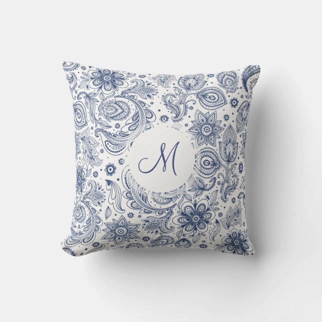 Blaues Vintages Blumenmuster Monogram Pillow Kissen (Vorderseite)