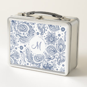 Blaues Vintages Blumenmuster Monogramm Lunchbox