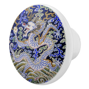 Blaues Vintages chinesisches Tattoo Stickerei Keramikknauf
