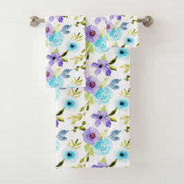 Blaues Violett Aquarellfarben Blumenbadetücher Set