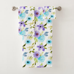 Blaues Violett Aquarellfarben Blumenbadetücher Set