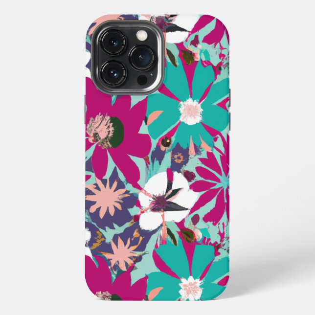 Blaues & violettes Blumenmuster iPhone 13 Pro Max Hülle (Rückseite)