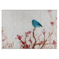 Blaues Vogel-und Beeren-Glasschneiden verschalen