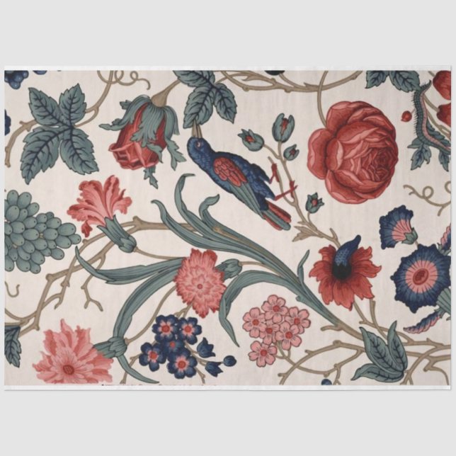 Blaues Vogel- und Blumendekutopapier Seidenpapier (Vorderseite)