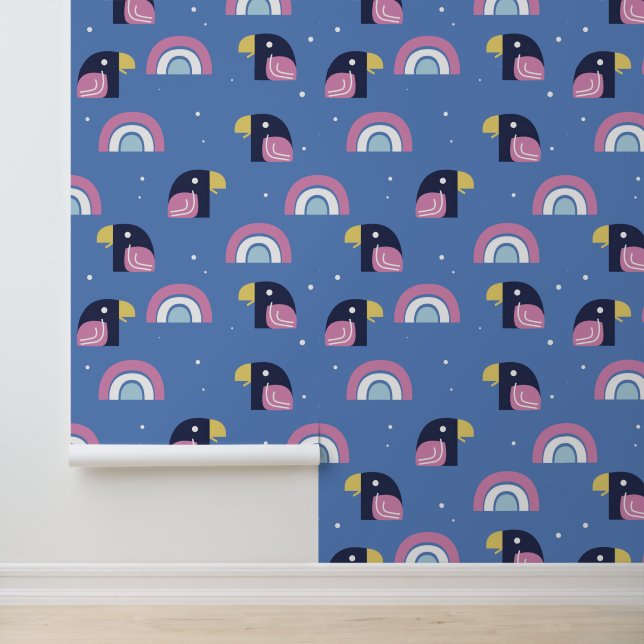 Blaues Vogelgeflecht und Regenbogenmuster Tapete (Anwendung)