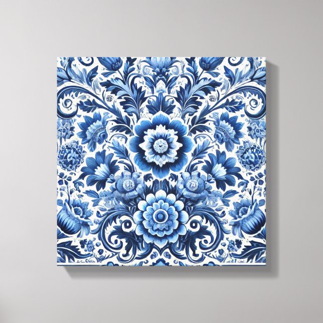 Blaues volkstümliches Blumenmuster Leinwanddruck (Vorderseite)