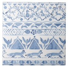 Blaues Waldland Tier Ikat Pattern Fox Rabbit Bird