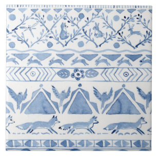 Blaues Waldland Tier Ikat Pattern Fox Rabbit Bird Fliese