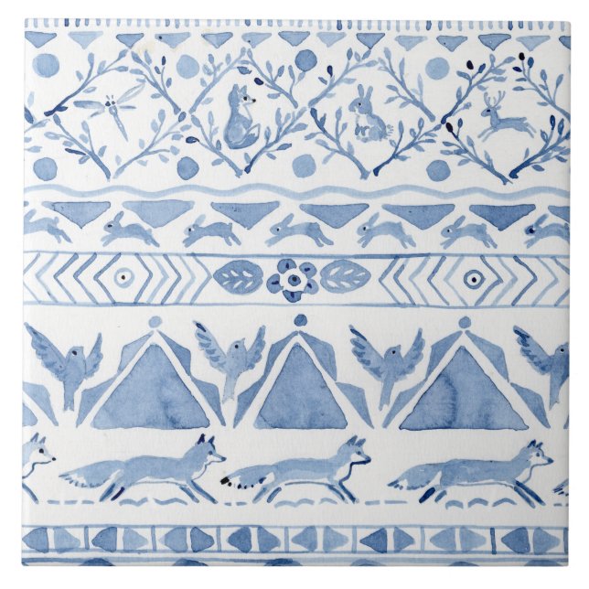 Blaues Waldland Tier Ikat Pattern Fox Rabbit Bird Fliese (Vorderseite)