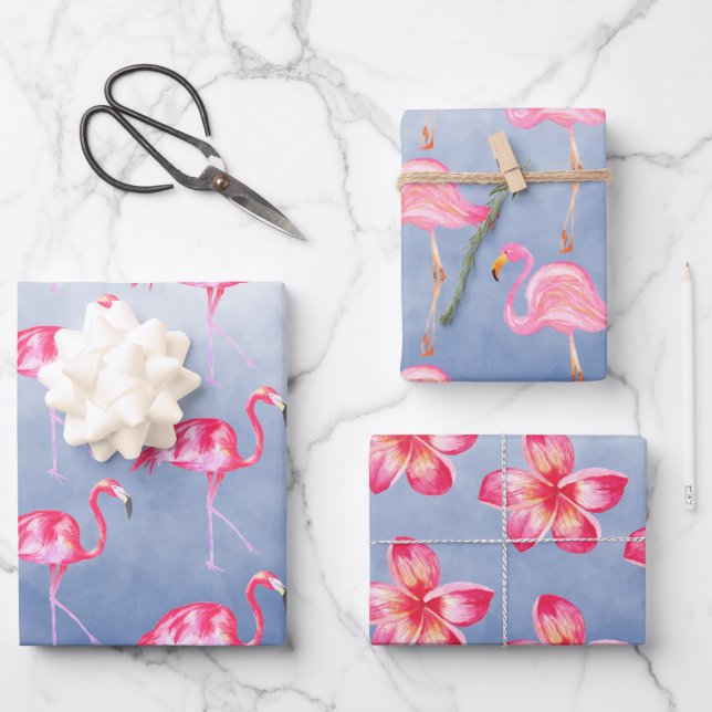 Blaues Wasser Rosa Flamingos Geschenkpapier Set (Vorderseite)