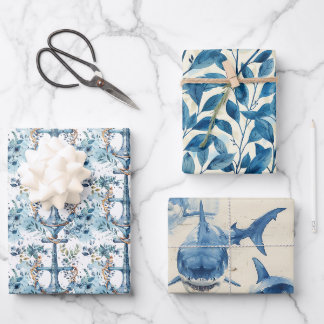 Blaues Wasserfarbdesign Geschenkpapier Set