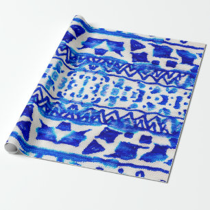 Blaues Wasserfarbe-Stammes-ethnisches nahtloses Mu Geschenkpapier