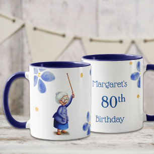 Blaues Wasserfarben-Blumenmotiv zum 80. Geburtstag Tasse