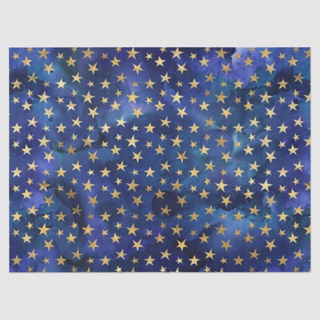 Blaues Wasserfarbenmuster mit Goldstars Seidenpapier (Vorderseite)