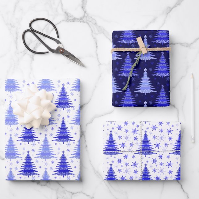 Blaues Weihnachtsbaummuster Geschenkpapier Set (Vorderseite)