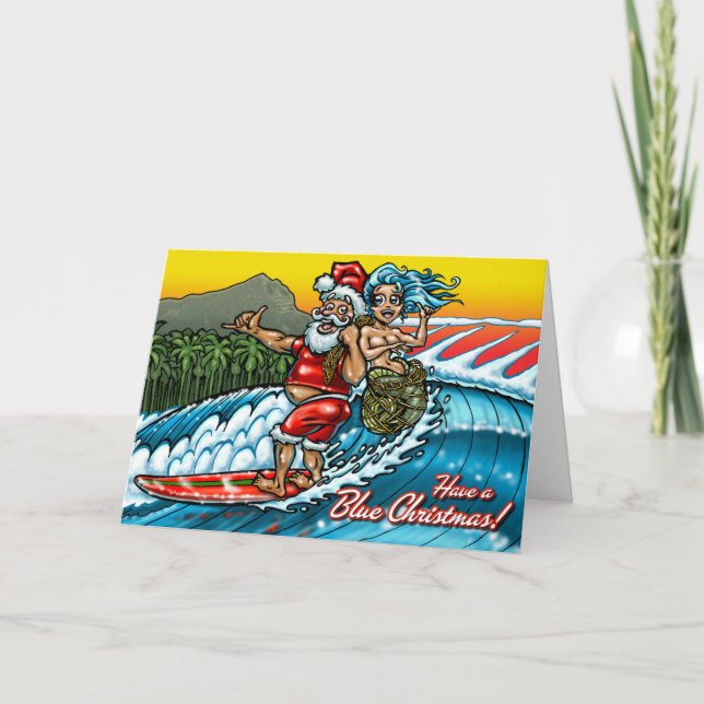 Blaues Weihnachtshawaiische surfende Feiertagskarte (Vorderseite)