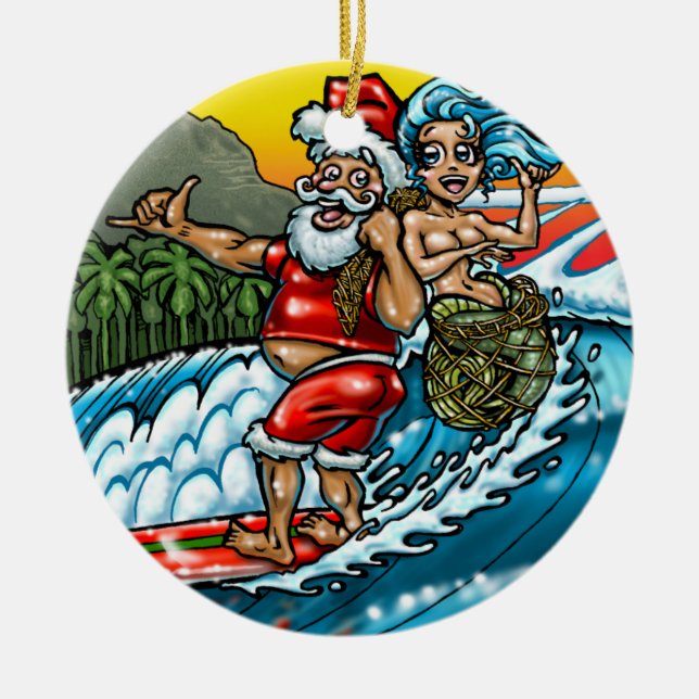 Blaues Weihnachtshawaiische surfende Keramik Ornament (Vorne)