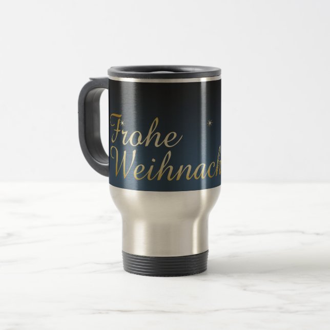 Blaues Weihnachtsmotiv mit goldenem Weihnachtsbaum Reisebecher (Vorderseite Links)