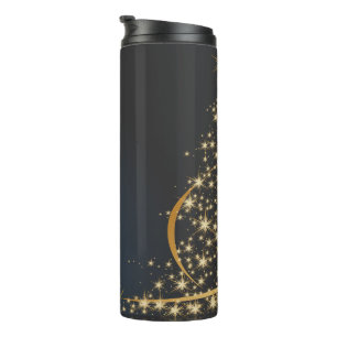 Blaues Weihnachtsmotiv mit goldenem Weihnachtsbaum Thermosbecher