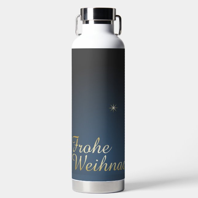 Blaues Weihnachtsmotiv mit goldenem Weihnachtsbaum Trinkflasche (Vorderseite)