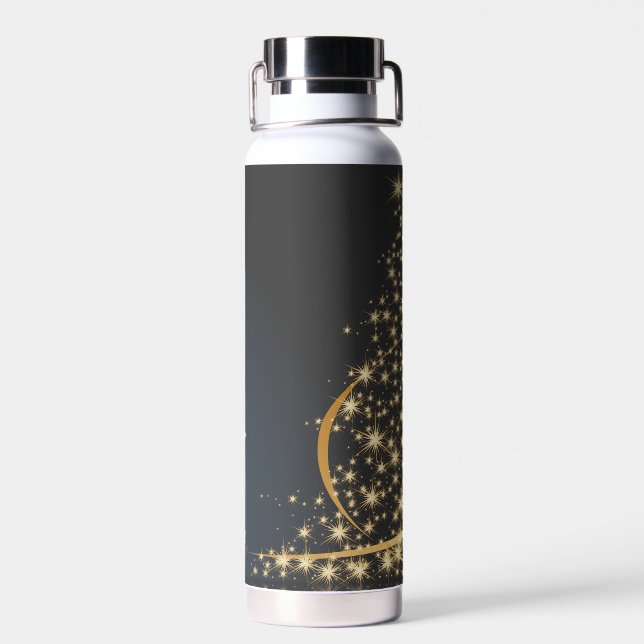Blaues Weihnachtsmotiv mit goldenem Weihnachtsbaum Trinkflasche (Rückseite)