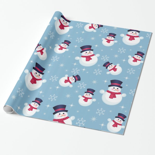 Blaues Weihnachtsmuster mit Schneemännern und Schn Geschenkpapier (Ungerollt)