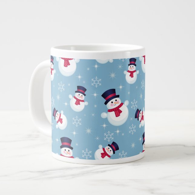 Blaues Weihnachtsmuster mit Schneemännern und Schn Jumbo-Tasse (Vorderseite Links)