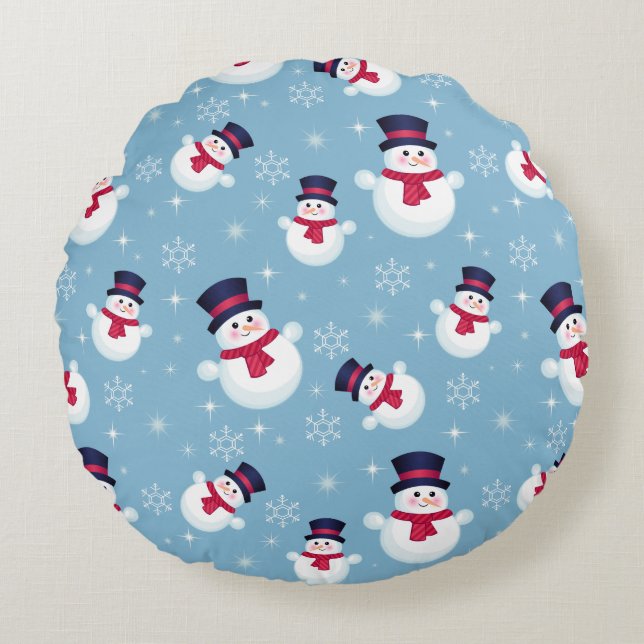 Blaues Weihnachtsmuster mit Schneemännern und Schn Rundes Kissen (Vorderseite)