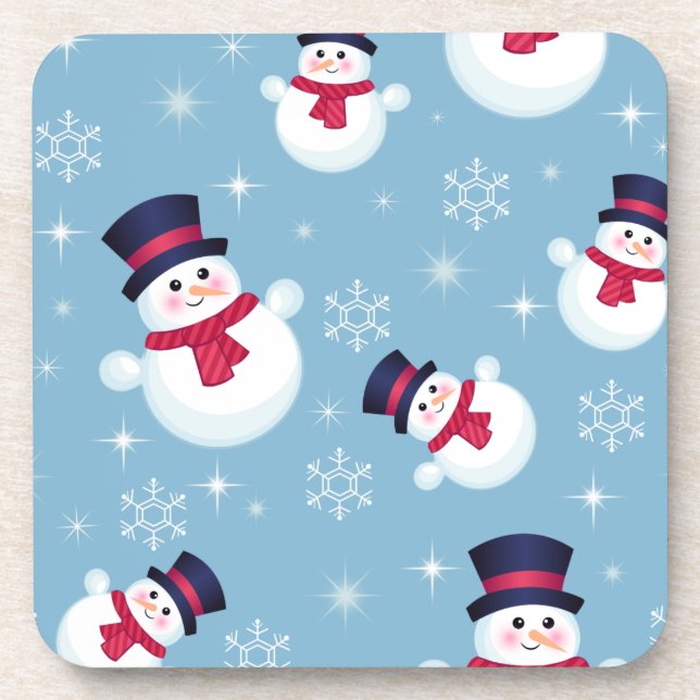 Blaues Weihnachtsmuster mit Schneemännern und Schn Untersetzer (Vorderseite)