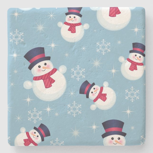 Blaues Weihnachtsmuster mit Schneemännern und Steinuntersetzer (Vorderseite)